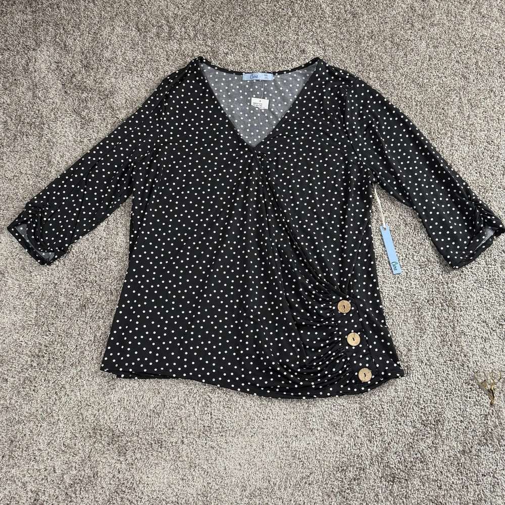Cure Womens Top 3XL Black White Polka Dot V Neck Ruched Coquette Retro Classic‎